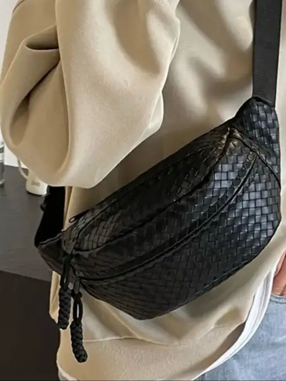 Black Woven Crossbody Sling Bag